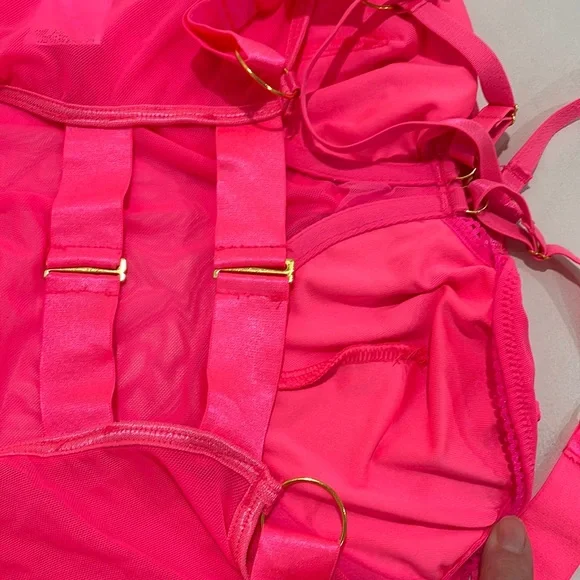 𝗡𝗪𝗧 pink body chain sexy bodysuit mesh silk y hoop bondage hot neon SML lingerie